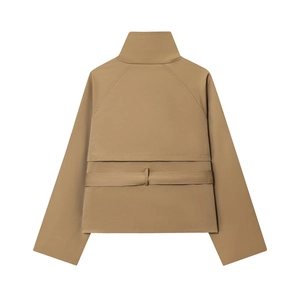 Back view of a khaki short trench coat with a standing collar and waist belt