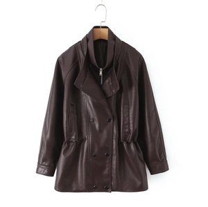Close-up of double-breasted dark brown PU leather jacket with drawstring waist design