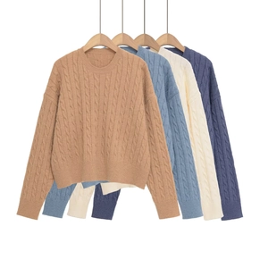 Women Casual Cable Knit Sweater Round Neck Long Sleeve Loose Pullover Top Solid Color Soft Warm Knitted Jumper Fall Winter