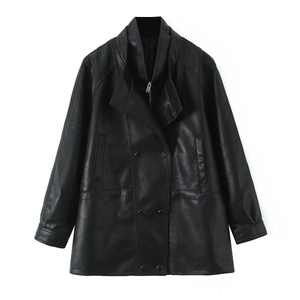 Detail of black PU leather jacket featuring double-breasted buttons and metal zipper