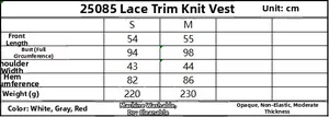 Size chart for women's lace patchwork knit vest including dimensions for S and M sizes