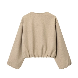 Rear view of beige soft bomber jacket showing drop shoulder and rib-knit trim details