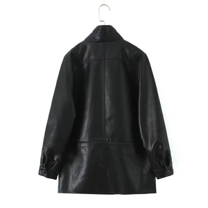 Detailed back view of black PU leather coat showing quality stitching and soft texture