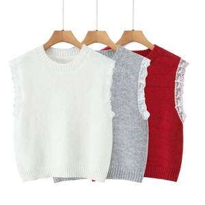 Women Round Neck Sleeveless Knitted Vest With White Lace Patchwork Casual Solid Color Fall Pullover Sweater Vest Top