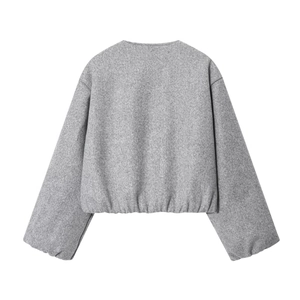 Back view of a grey cropped bomber jacket with elastic hem and drop shoulder design