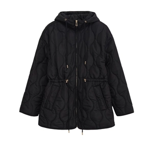 Detail of black wave-quilted jacket with adjustable drawstring waist and gold zippers