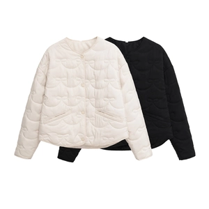 Close-up of lightweight quilted jackets featuring bow patterns and press-stud buttons