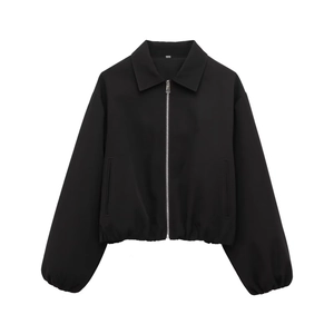 Giacca corta stile street da donna nera con colletto classico e bordo elastico