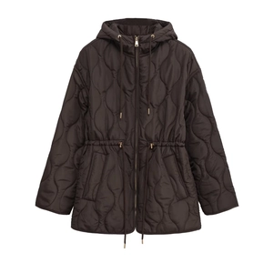 Detail of dark brown wavy quilted jacket with drawstring waist and metal zipper