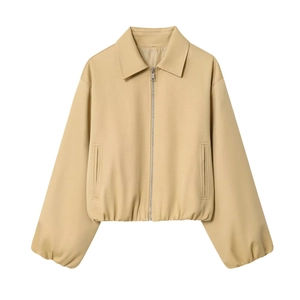 Giacca corta beige streetwear da donna con zip e dettagli sull'orlo elasticizzato