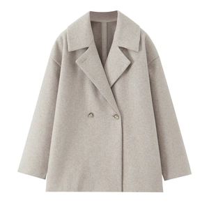 Close-up of oatmeal lapel wool coat featuring two-button closure and thick texture