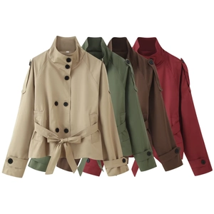 Women Double Breasted Short Trench Coat Stand Collar Casual Windbreaker Jacket With Belt Autumn Spring Fashion Outerwear