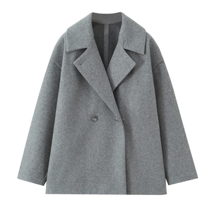 Close-up of grey wool coat texture showing two buttons and classic notch lapel details