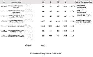 Size guide for faux suede jacket with measurements in cm for XS to L and care instructions