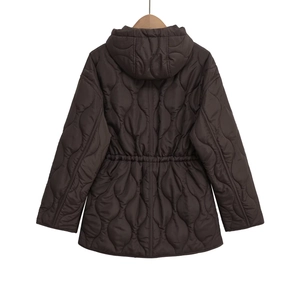 Detail view of wave-quilted back pattern and adjustable waist drawstring on brown jacket