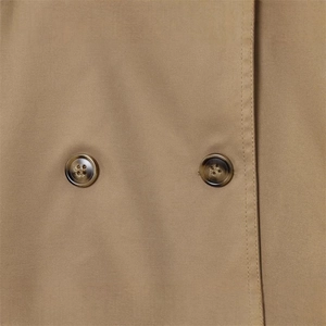 Classic khaki double-breasted trench coat with amber buttons and twill fabric texture