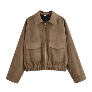 Women Suede Texture Zip Up Jacket Loose Lapel Long Sleeve Short Coat With Pockets Western Fashion Casual Autumn Winter Outwear