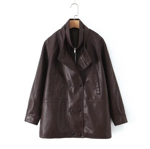 Detailed view of dark brown PU leather jacket featuring double-breasted buttons and metal zipper
