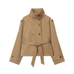 Classic khaki double-breasted short trench coat with waist tie and standing collar