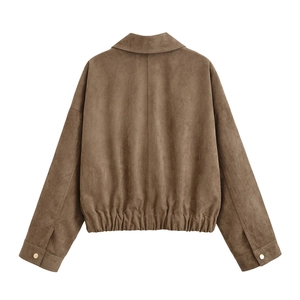 Rear view of brown suede jacket showing elasticized hem and polished metal buttons