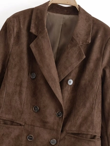 Close-up detail of dark coffee brown suede double-breasted jacket with classic lapels