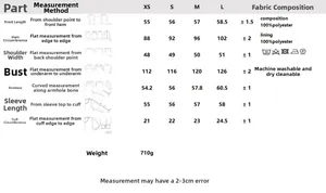 Comprehensive size chart for long sleeve jacket including polyester fabric details