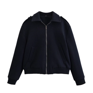 Women's Casual Navy Blue Wool Like Zipper Jacket Long Sleeve Lapel Coat With Epaulettes Ribbed Trim Streetwear Outerwear