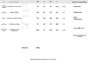 Detailed size chart for faux leather jacket including length bust and sleeve measurements
