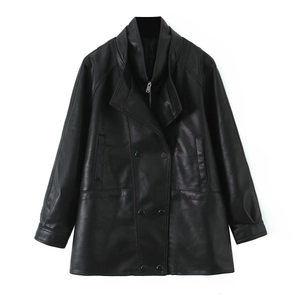Double-breasted black PU leather jacket with drawstring waist and wide lapels