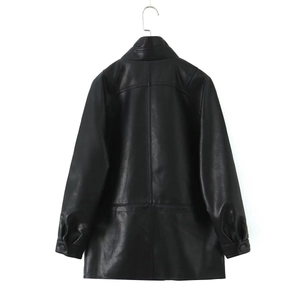 Back view of stylish double-breasted PU leather jacket with drawstring waist in black
