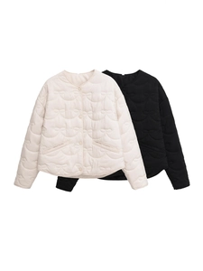Women Casual Quilted Jacket Bowknot Pattern Round Neck Single Breasted Padded Coat Lightweight Streetwear Fashion Outerwear