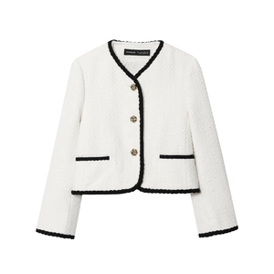 Women's white tweed jacket with black contrast trim and golden embossed metal buttons