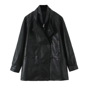 Women double-breasted PU leather jacket with drawstring waist and layered double collar