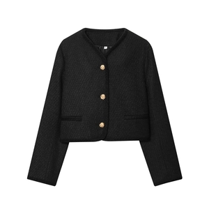 Women's black tweed jacket with gold relief buttons and classic round neck casual style