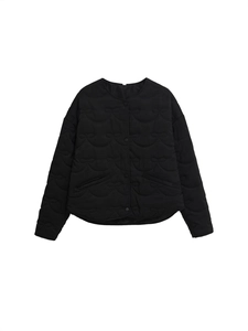 Women's black quilted crewneck jacket with bow patterns and snap buttons