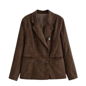 Women Suede Texture Blazer Jacket Double Breasted Coffee Brown Long Sleeve Street Style Autumn Winter Suit Outerwear