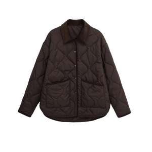Women Retro Onion Quilted Jacket With Corduroy Collar Patch Pockets Metallic Snaps Curved Hem Fall Winter Warm Outerwear