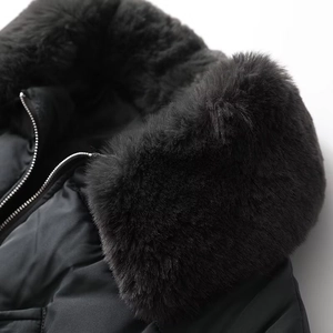 Détail du col en fausse fourrure noire et de la fermeture éclair argentée sur le manteau