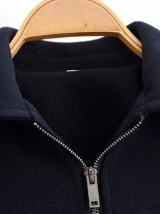 Detailed view of women's zip-up fleece jacket featuring a collar and thick fabric texture