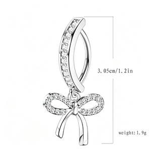 Detailed view of silver butterfly belly button ring with sparkling zircon stones and dimensions
