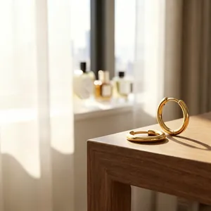 Detailed view of chunky 18K gold plated U-shaped earrings with a polished mirror finish