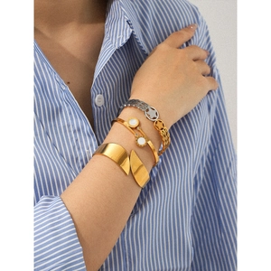 Three-piece mixed gold and silver geometric stackable stainless steel cuff bracelets for women