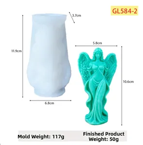 Detail view of angel silicone mold with dimensions and finished plaster resin craft