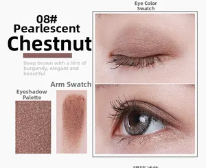 Macro shot of 08 pearlescent chestnut eyeshadow showing eye makeup and skin swatches