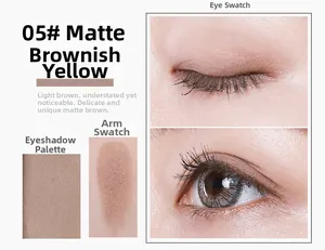 Macro detail of matte eyeshadow 05 brown yellow showing skin swatch and eye application