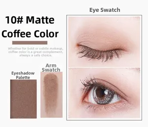 Macro shot of matte coffee eyeshadow with arm and eye swatches showing pigment texture