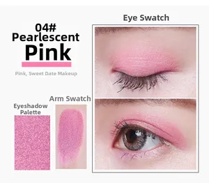Macro shot of 04# Pearlescent Pink eye shadow showing smooth texture and swatch on skin