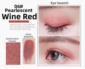 Detail of 06# shimmer burgundy eyeshadow palette showing eye makeup and arm swatches