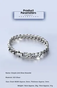 Detailed size parameters for 8mm 925 sterling silver Cuban link chain bracelet