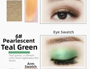 Close-up of shimmer cyan green eyeshadow swatch and professional eye makeup application